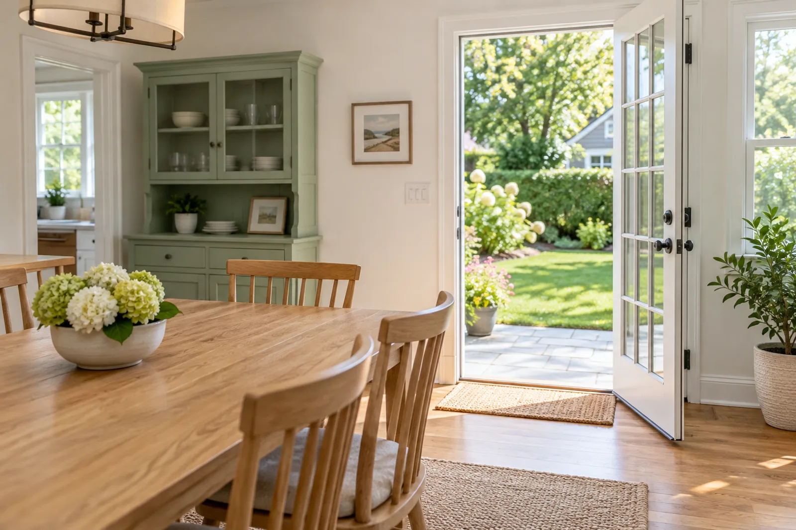 Illustrative bright Nassau-style home with an open door to the garden